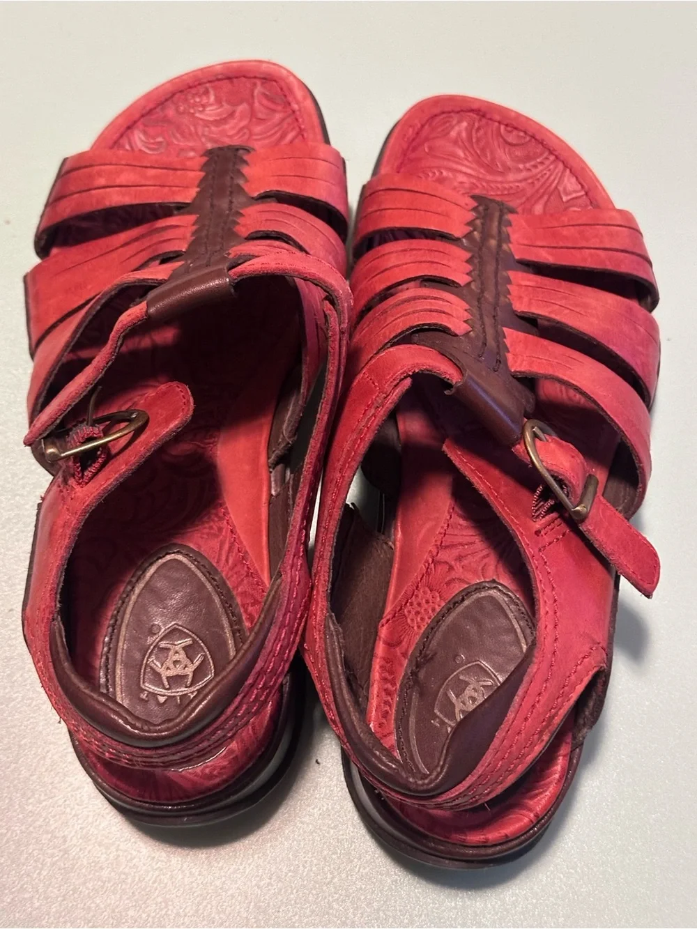 Ariat Red Leather  Open Toe Buckle Strap Sandals Womens 7 Cushion Western new